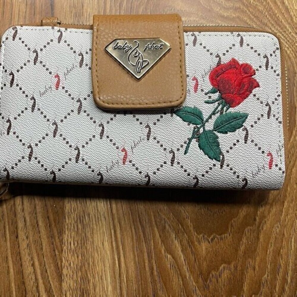 Baby Phat Hand Clutch Wrist Wallet - Brown Leather with Rose Engraved Design